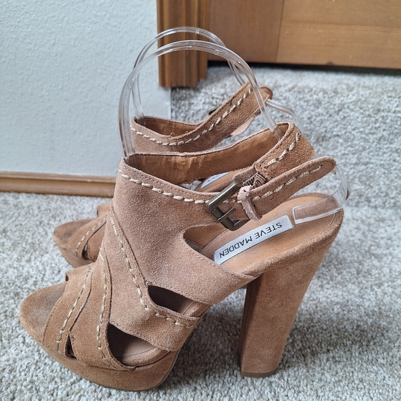 Steve Madden Ricki Boho Tan Suede Peep Toe Buckle High Heel Club Womens Size 9M - Picture 3 of 9